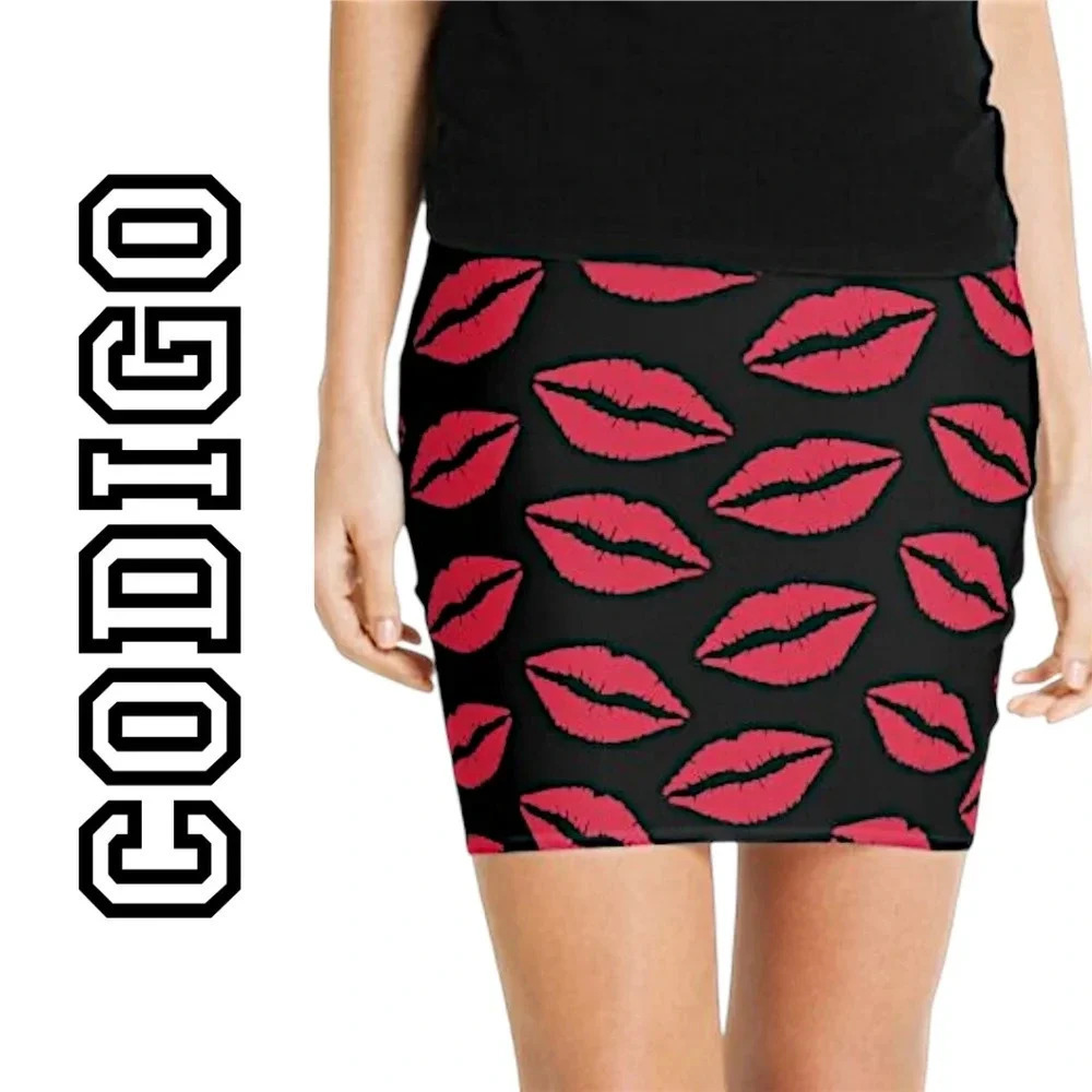 Codigo Black Red Lipstick Lip Bodycon Stretchy Pencil Skirt